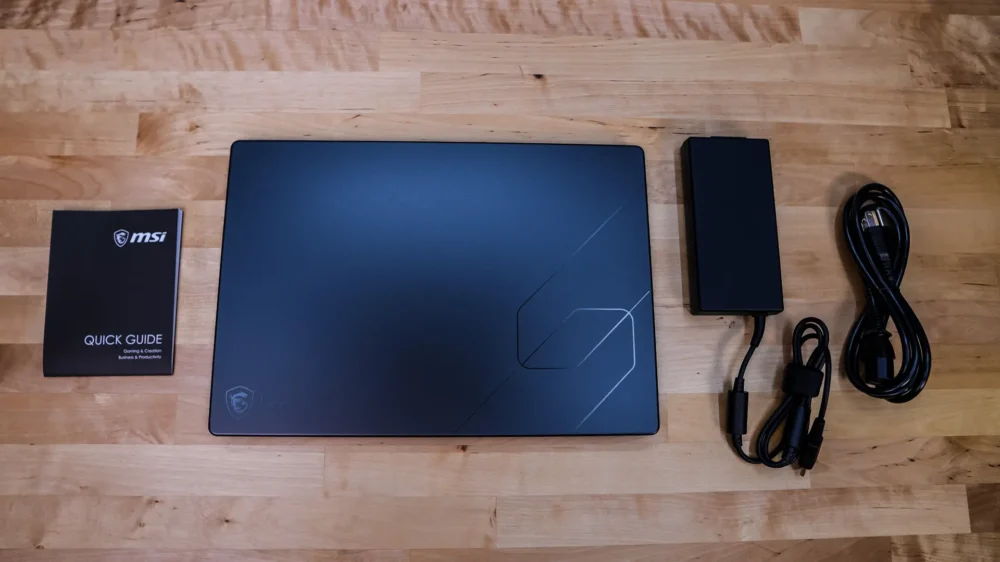 The Stealth 16 AI+ B3WF includes the laptop, 240W power adapter, power cable, and a quick start guide.