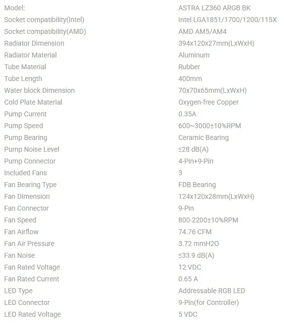 ASTRA LZ360 ARGB Specs