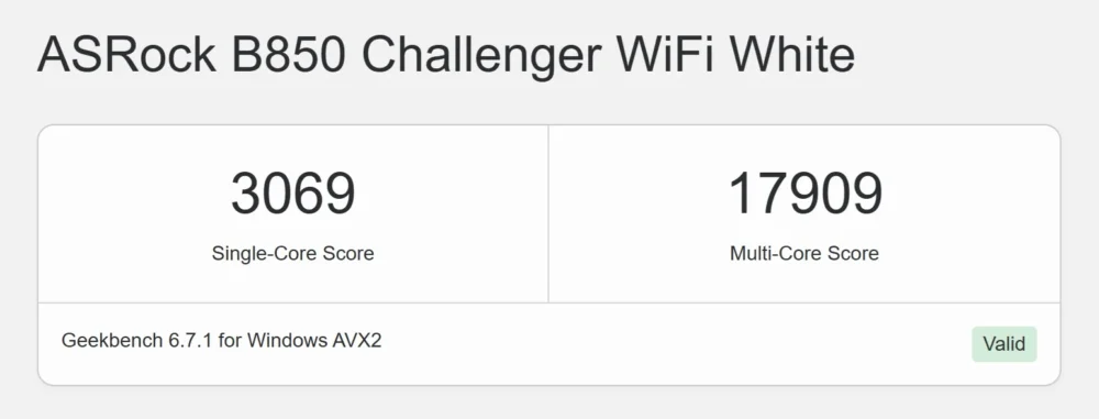 asrock b850 challenger wifi white geekbench
