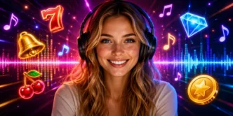 Woman wearing headphones with slot icons and sound waves
