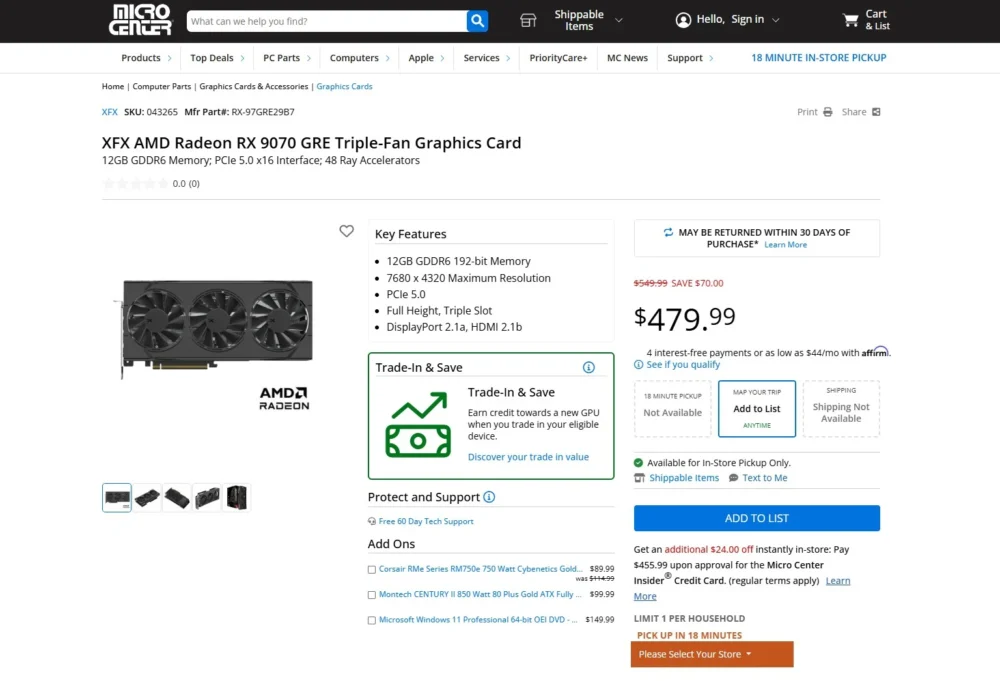 Micro Center Radeon RX 9070 GRE
