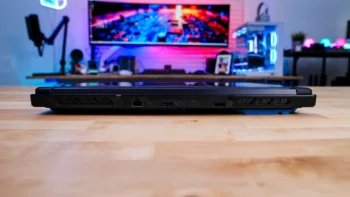 The top edge of the MSI Crosshair 16 HX E14W has a single USB 3.2 gen 2 Type-A port, full-size HDMI, and a gigabit Ethernet port