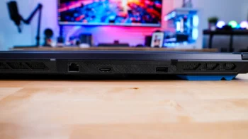 The top edge of the MSI Crosshair 16 HX E14W has a single USB 3.2 gen 2 Type-A port, full-size HDMI, and a gigabit Ethernet port